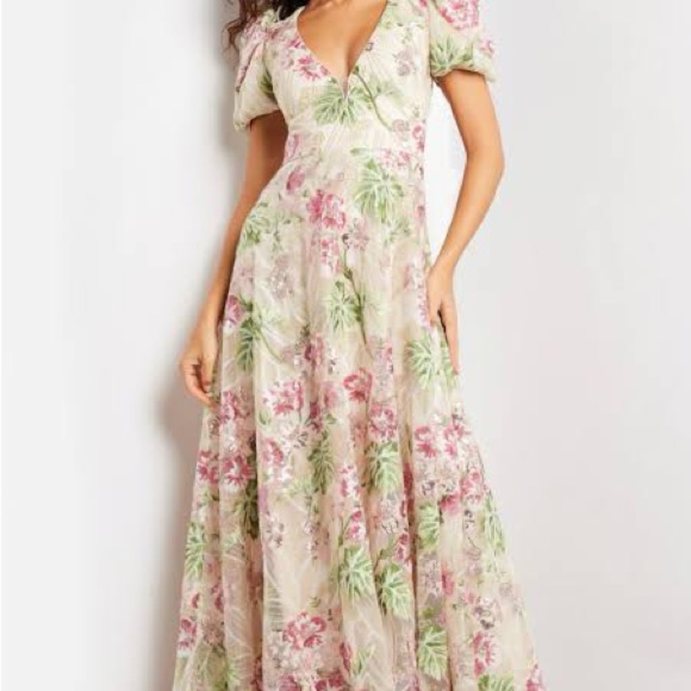 Jovani Floral V-Neck Formal Gown